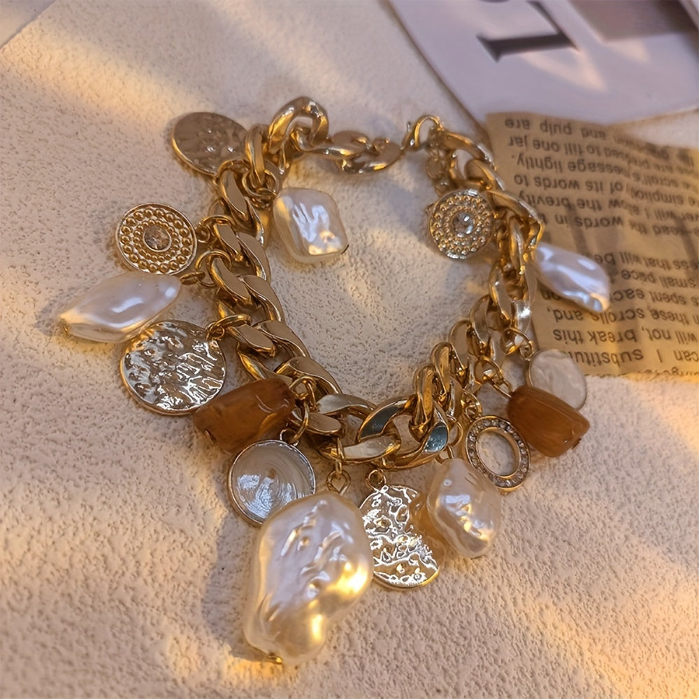 Women's Vintage Style Charm Bracelet - Alloy Chain with Faux Baroque Pearls & Rhinestones | Elegant & Versatile | Perfect for Daily and Vacation Wear